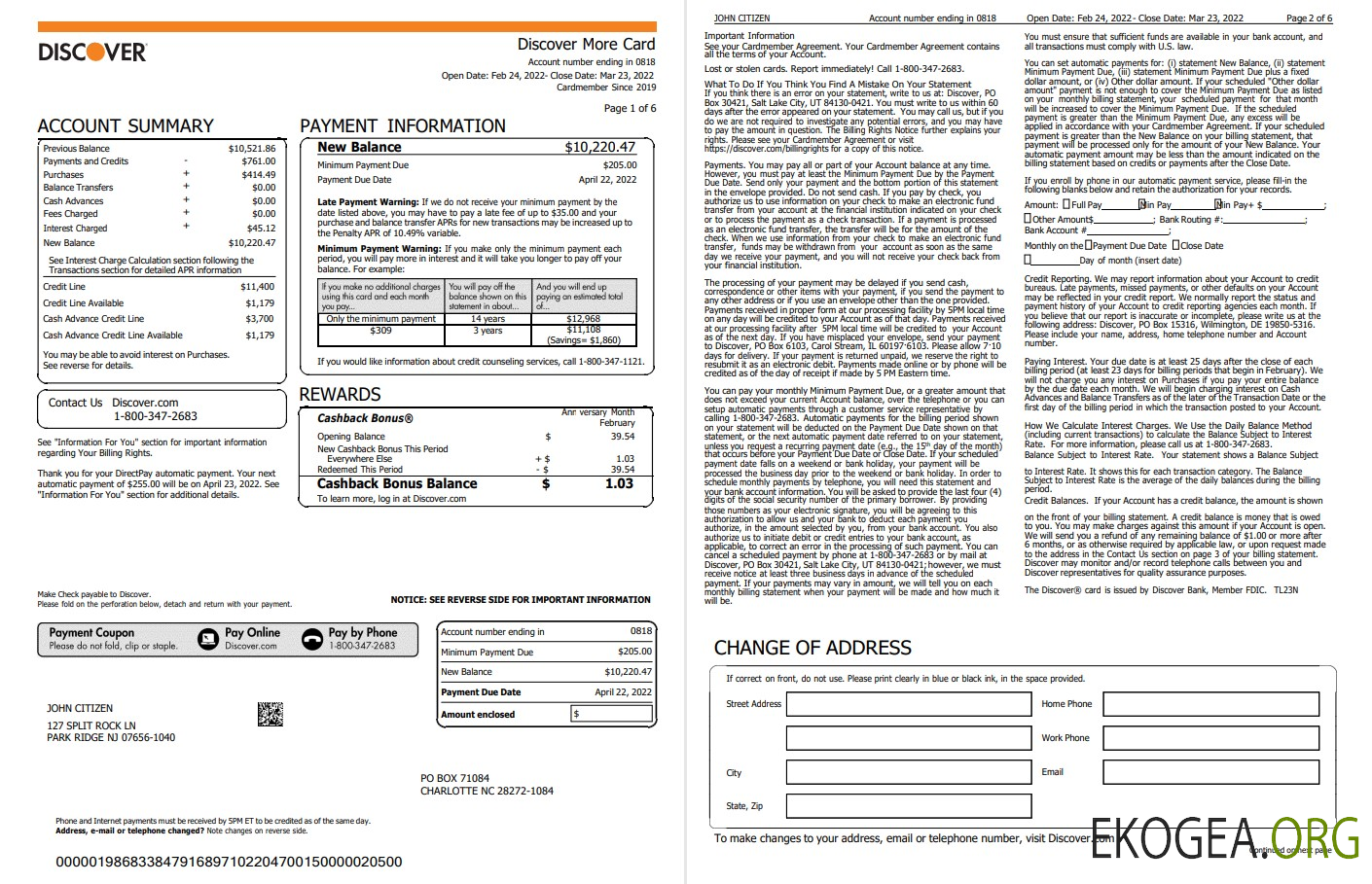 Relevé de carte de crédit USA Discover, modèle Word et PDF, 6 pages
